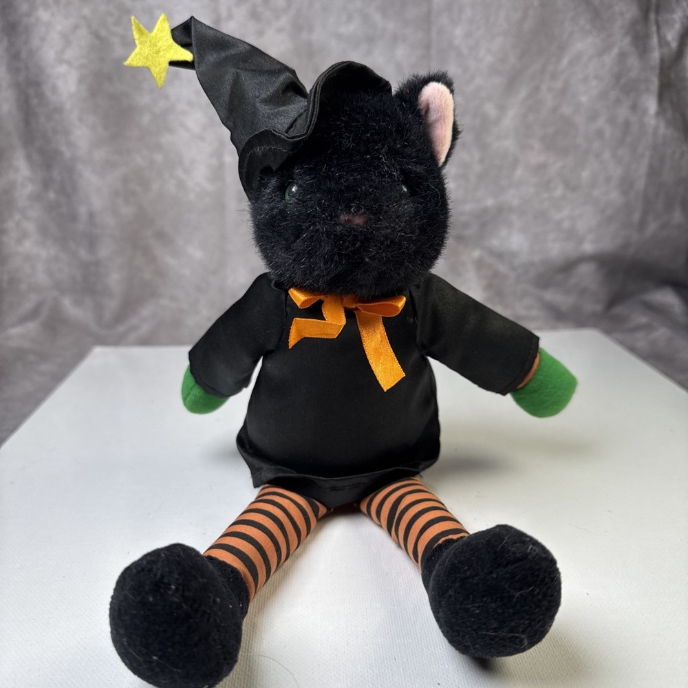 Vtg '91 Black Cat Witch‎ Halloween Plush Shelf Sitter Doll 12" Green Eyes/Paws
